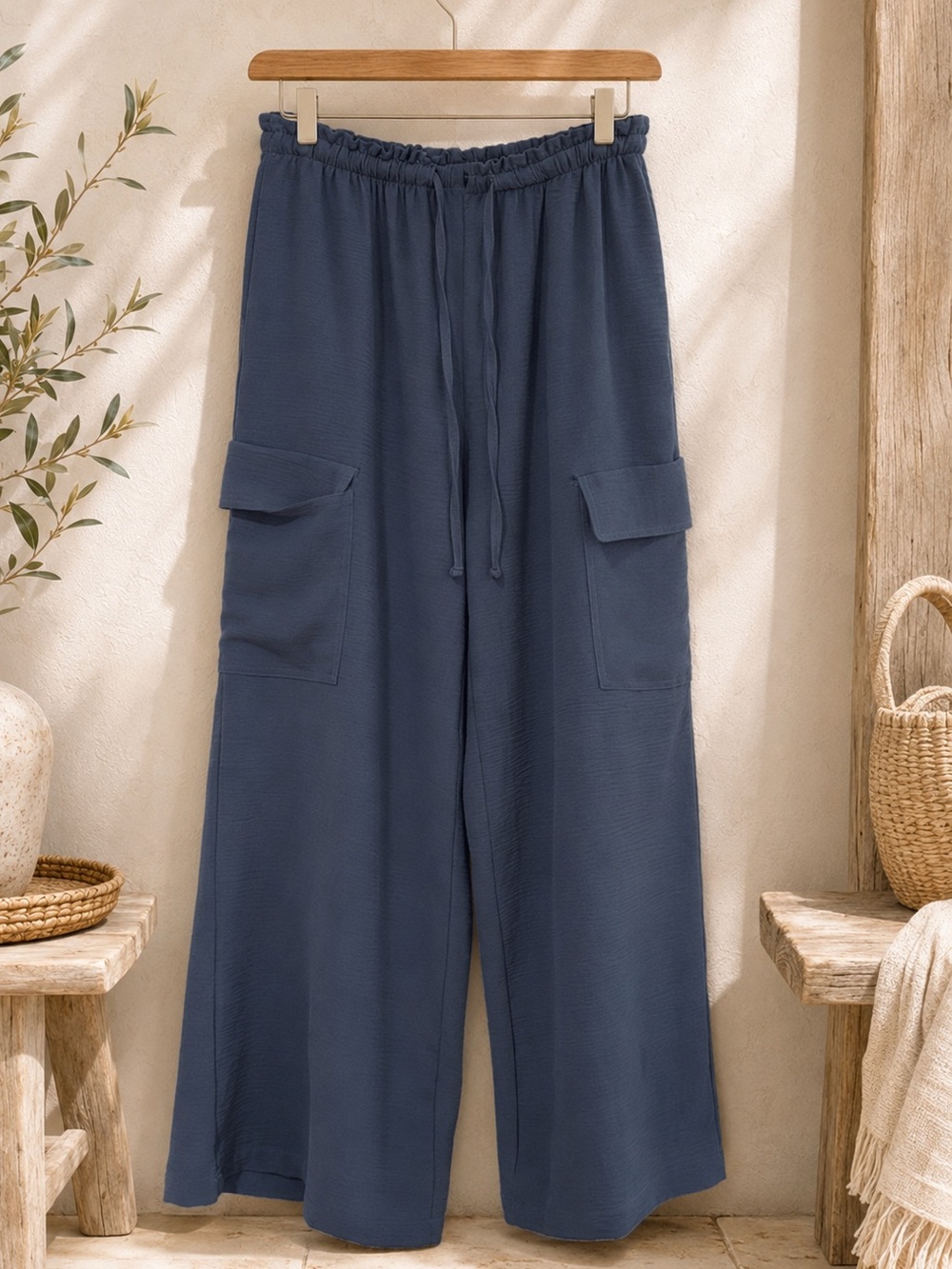 ✨ Dusty Blue Wide Leg Pants Cargo Drawstring Size M ✨